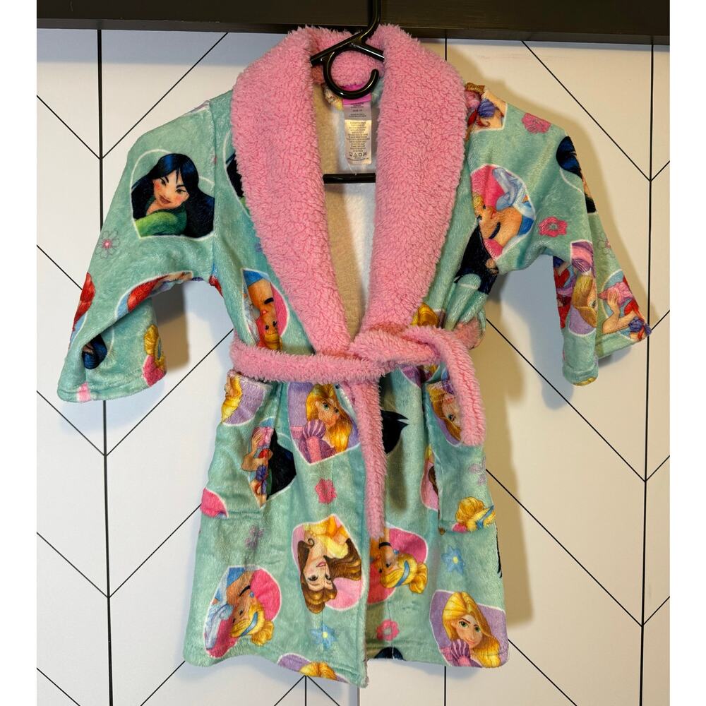 Disney Princess Kids Girls 3T Green Pink Robe Mulan Ariel Cinderella Rapunzel